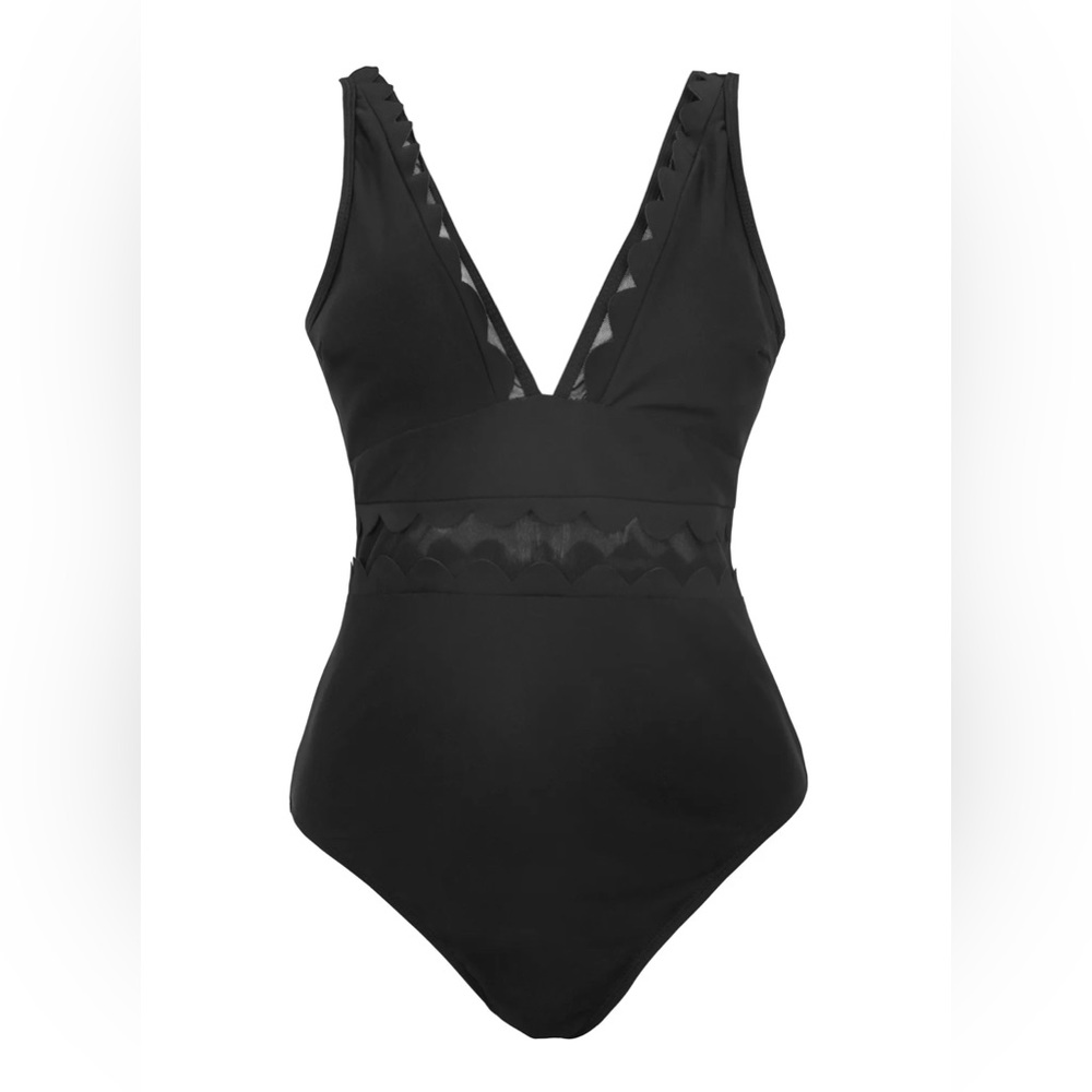 Solid V Neck One Piece Swimsuit Black